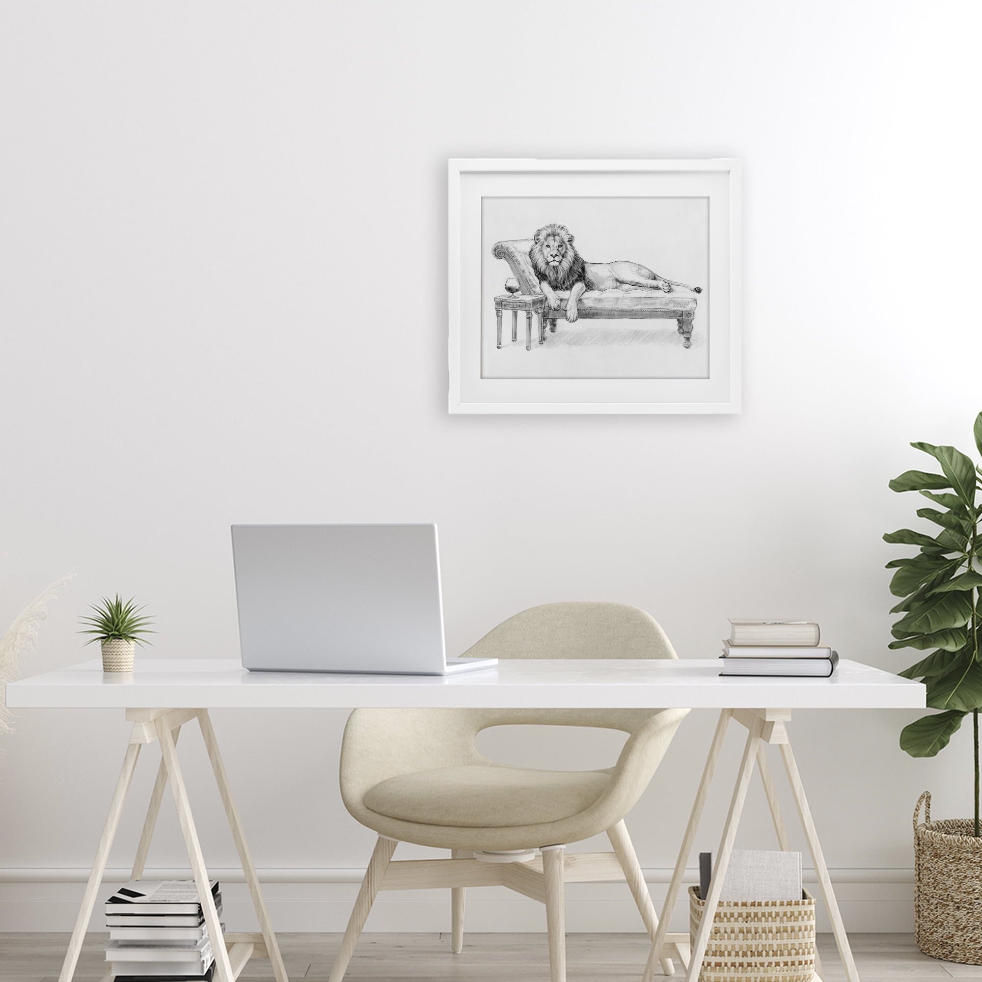 Stupell Industries Lounging Beast Lion White Framed Print Under Glass, design by Victoria Barnes