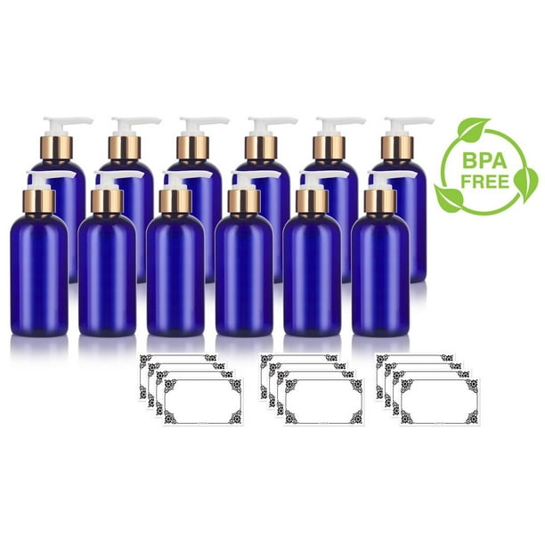 Cobalt Blue 4 oz Boston Round PET Bottles (BPA Free) with Gold Lotion Pump (12 pack) + Labels