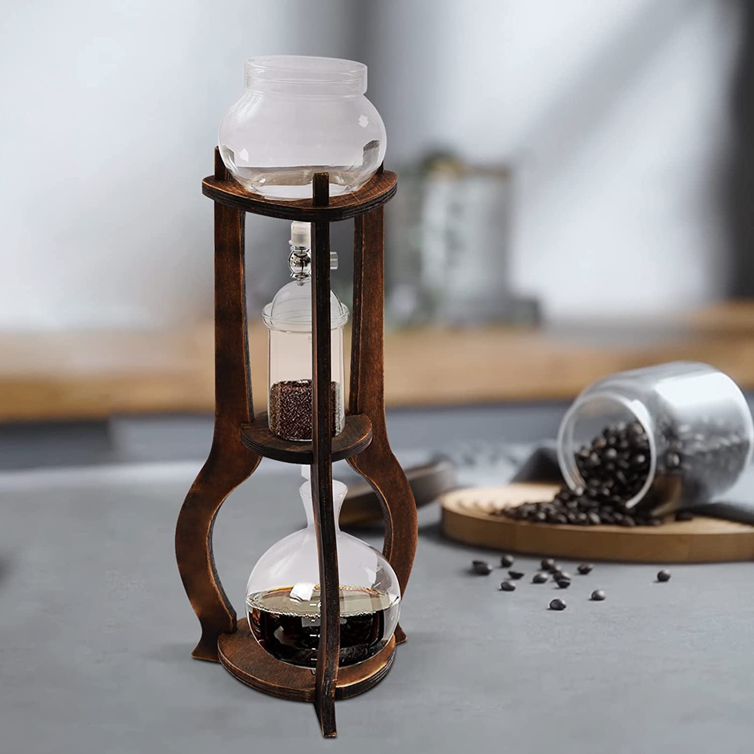 Nispira Retro Ice Cold Brew Dripping Coffee Maker Tower, 600ml in Wood