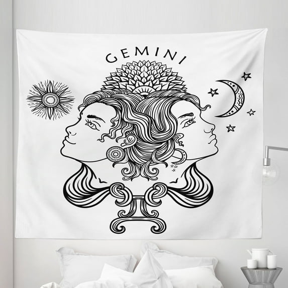 Zodiac Gemini Tapestry, Romantic Horoscopes Day and Night with Happy and Sad Faces, Fabric Wall Hanging Decor for Bedroom Living Room Dorm, 5 Sizes, Black and White, by Ambesonne