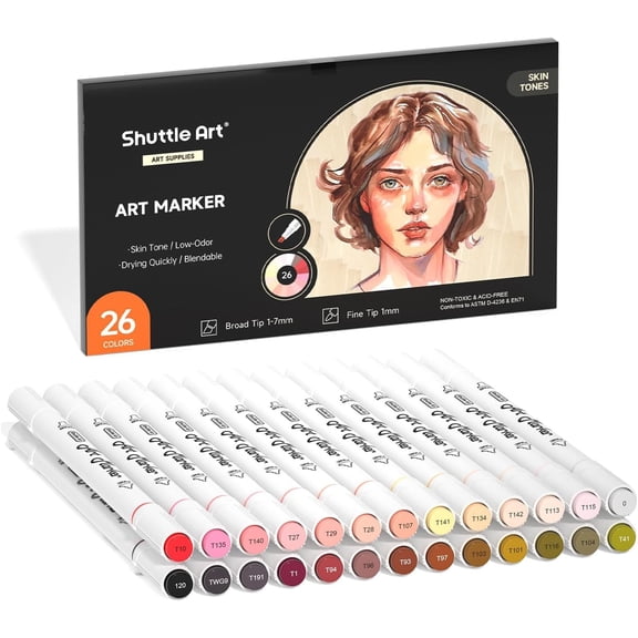 26 Colors Skin Tone&Hair Art Markers, Shuttle Art Dual Tip Alcohol Based Flesh-Color Marker Pen Set Contains 1 Blender Perfect for Adults Portrait,Comic, Anime, Manga, Illustration.