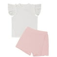 thumbnail image 4 of Doomiva Toddler Girls Ruffle Sleeve Ribbed T-Shirt with Culotte Playwear 2PCS Summer Outfits Shorts Sets Daily Wear Pink 130-8Y, 4 of 6