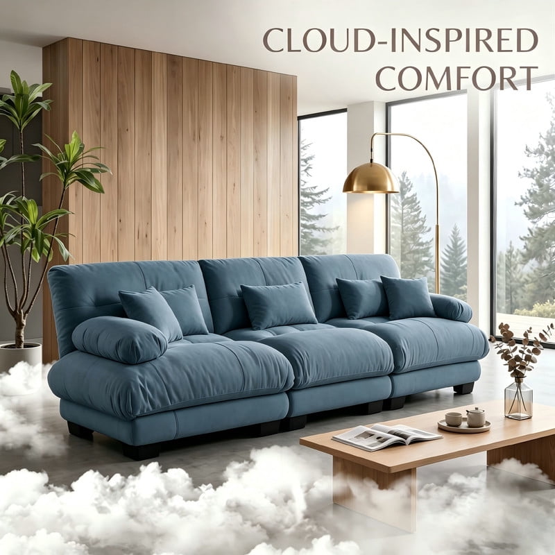 ANPPORT Cloud Couch Sleeper Sofa, Chenille Blue 3-Seater Modular Sofa, 3 Lumbar pillows, 2 Pillows, Comfy Deep Seat Cloud Sofa, Convertible L-Shaped Floor Couch for Living Room
