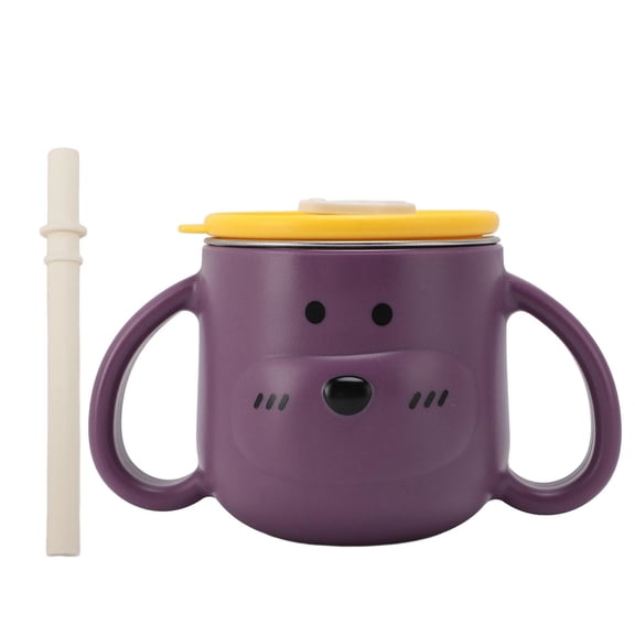 BOKYAN 316L Stainless Steel Toddler Cup – Double‑Walled, Straw, Dual Handles, Cute Cartoon Design, Ideal for Kindergarten, Purple