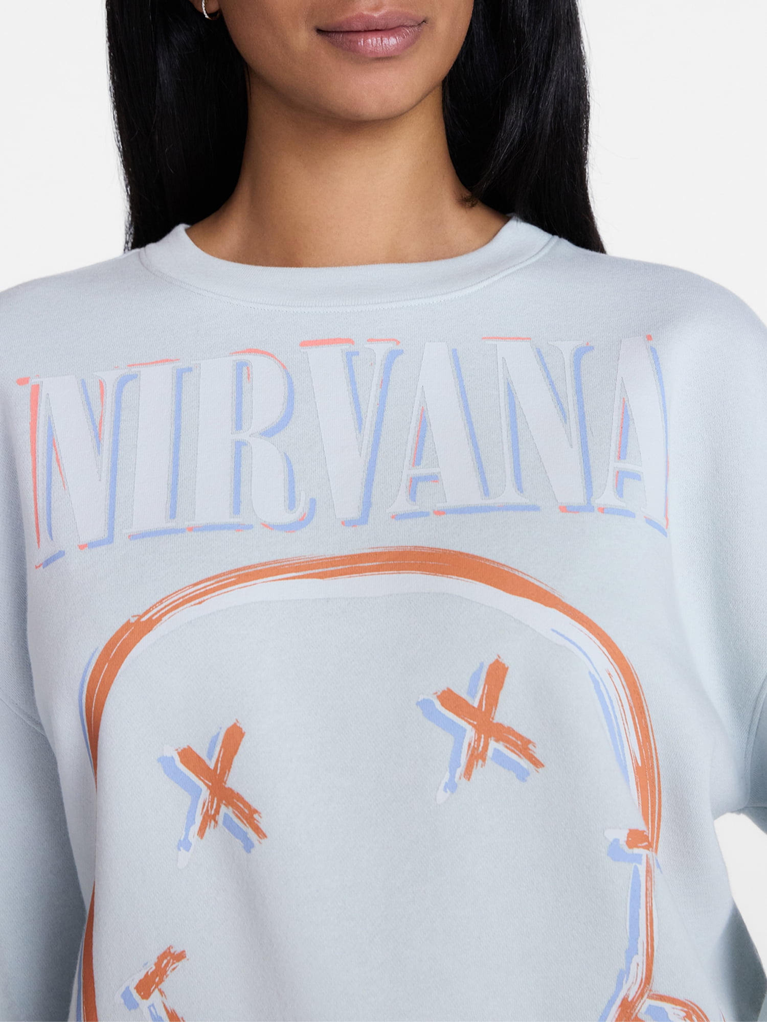 Nirvana Women's Smiley Crewneck Graphic Sweatshirt with Long Sleeves, Sizes XXS-XXL