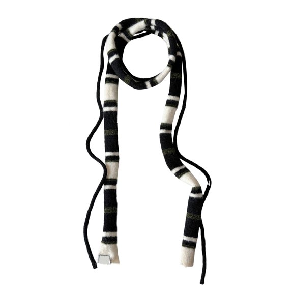 Krdevn Women Retro Stripe Knit Scarf, Color Block Long Narrow Neck Wrap, Decorative Slim Scarf for Fall Winter Layering Outfit