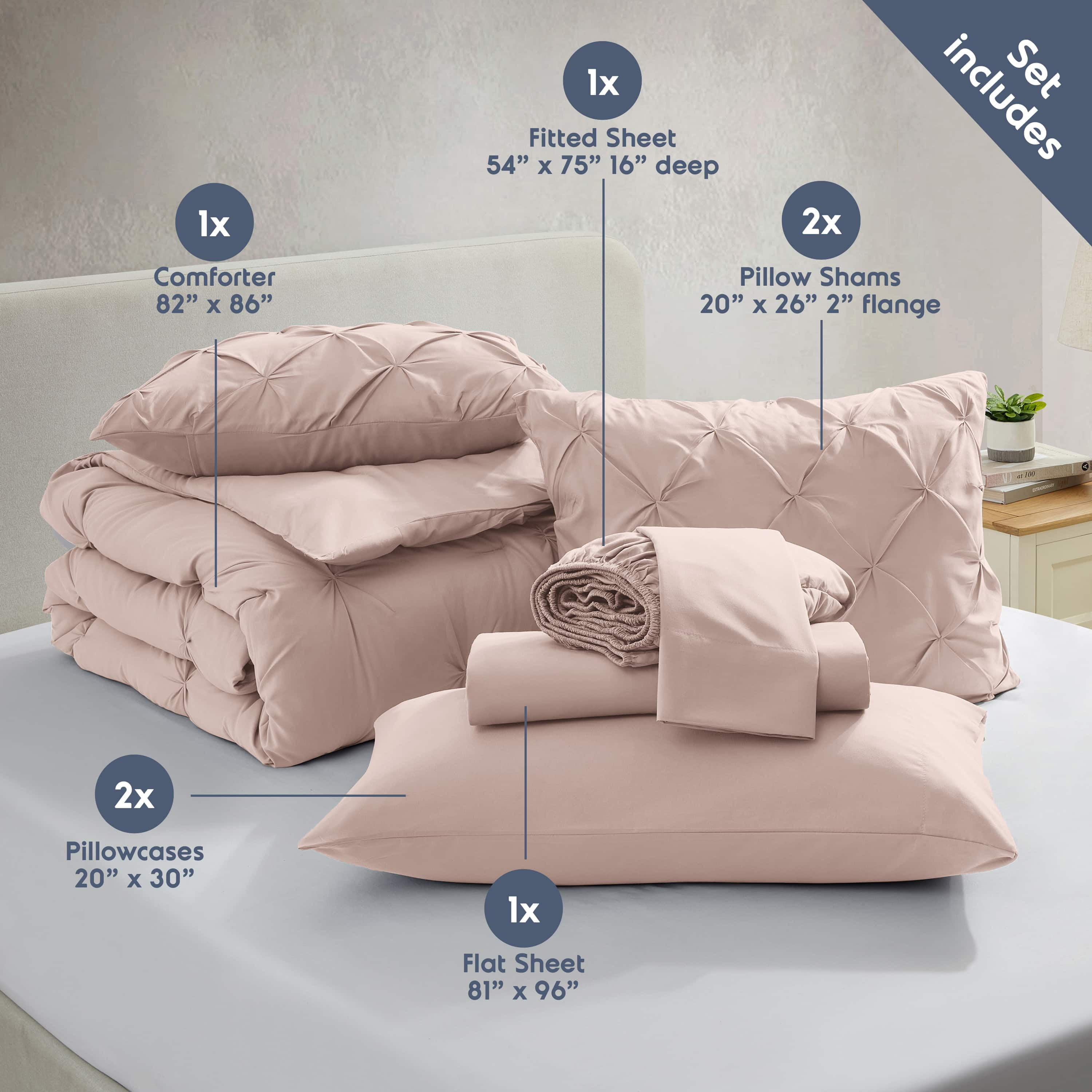 LammaLoe Full Size Comforter Sets, 7 Piece Bed In A Bag Pintuck Bedding Sets, Peach Beige