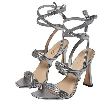 

Sam Edelman Lonnie Slate Metallic Spool Heel Squared Toe Tie Up Heeled Sandals (Slate Leather 9)