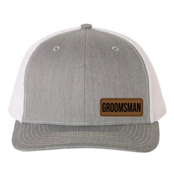 Groomsman Vegan Leather Patch Cap, Richardson 112, Richardson Hat, Groomsman Hat, Groomsman Dad Hat, Richardson Cap, Wedding Party Hats (Heather Grey White)