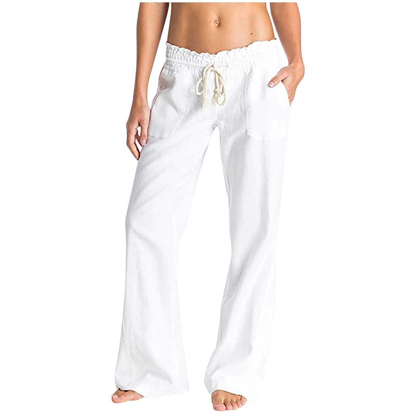 Cotton Linen Pants for Women Elastic Waist Drawstring Straight Leg