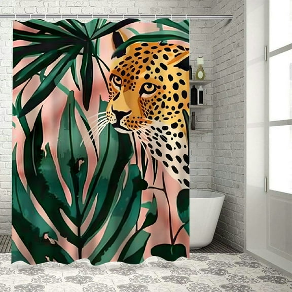 Pratyus Leopard Palm Leaves Jungle Modern Waterproof Shower Curtain Set for Cottage Farmhouse Bathroom Decor with Hooks 69x72