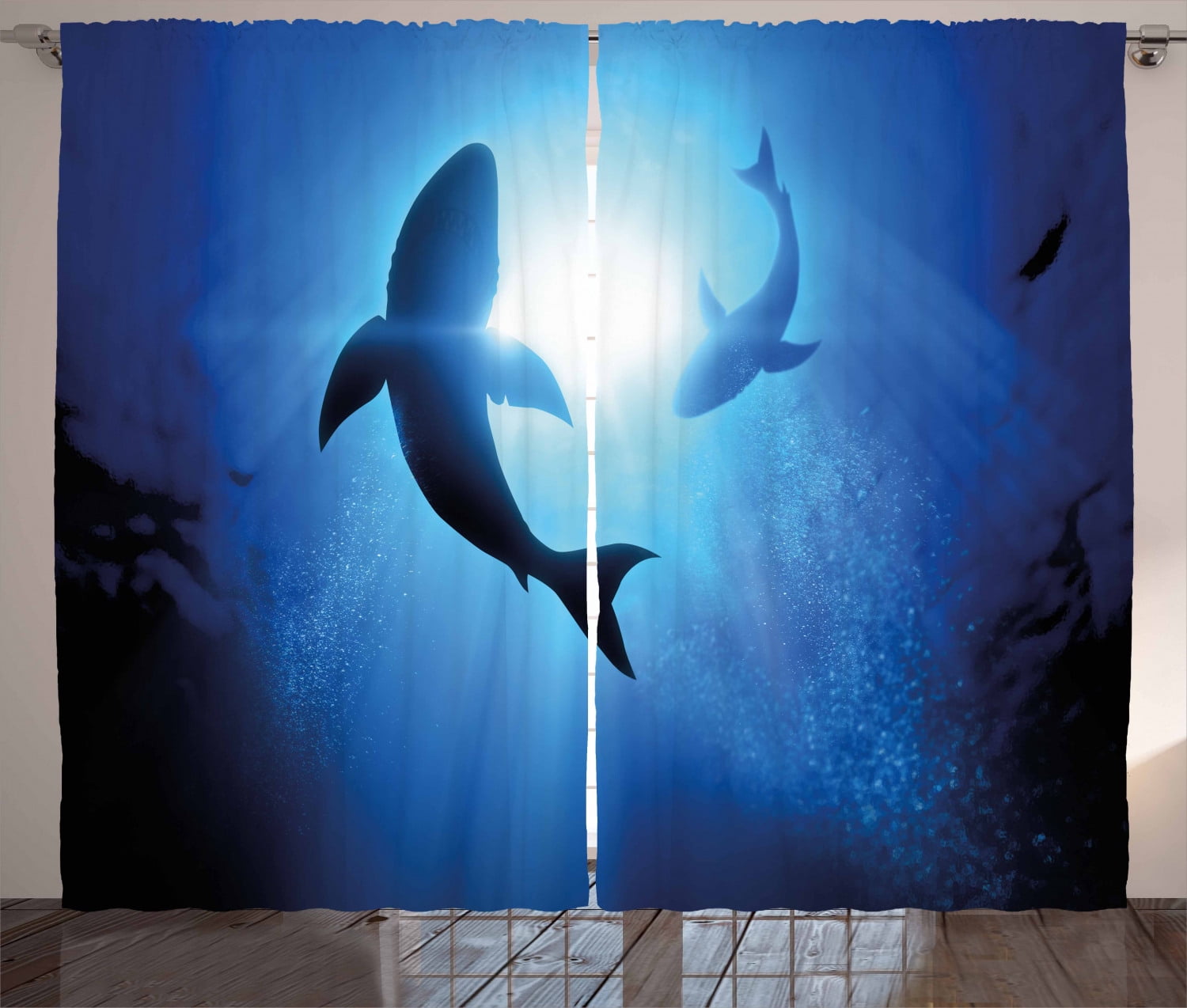 Shark Curtains Fish Silhouettes Swimming Window Drapes 2 Panel Set 108x84 Inches 