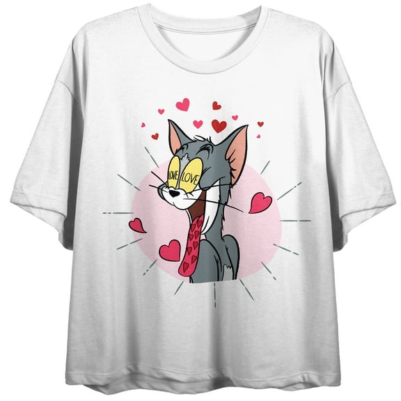 Tom & Jerry Lovestruck Tom With Heart Eyes Women's White Short Sleeve Crew Neck Crop Tee-XS