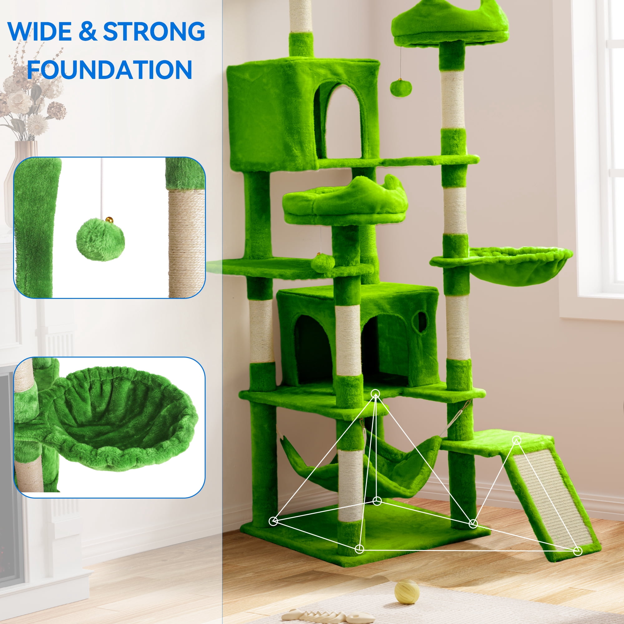 Uforic 75 Inch Multi-Level Cat Tree Tower with 2 Cat Condos, Hammocks, Sisal Scratching Posts & Fluffy Teaser Balls, Green