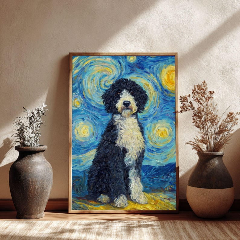 Portuguese Water Dog Starry Night Style Painting poster Wall Art Decor 12x18 UNFRAMED