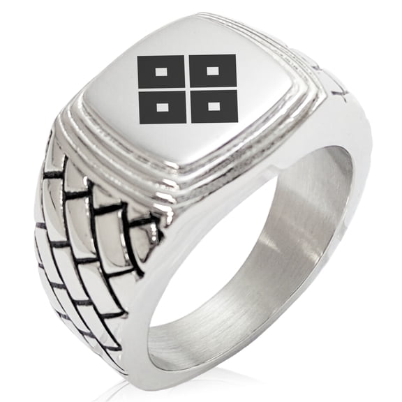 Stainless Steel Kamei Samurai Crest Geometric Pattern Step-Down Biker Style Polished Ring
