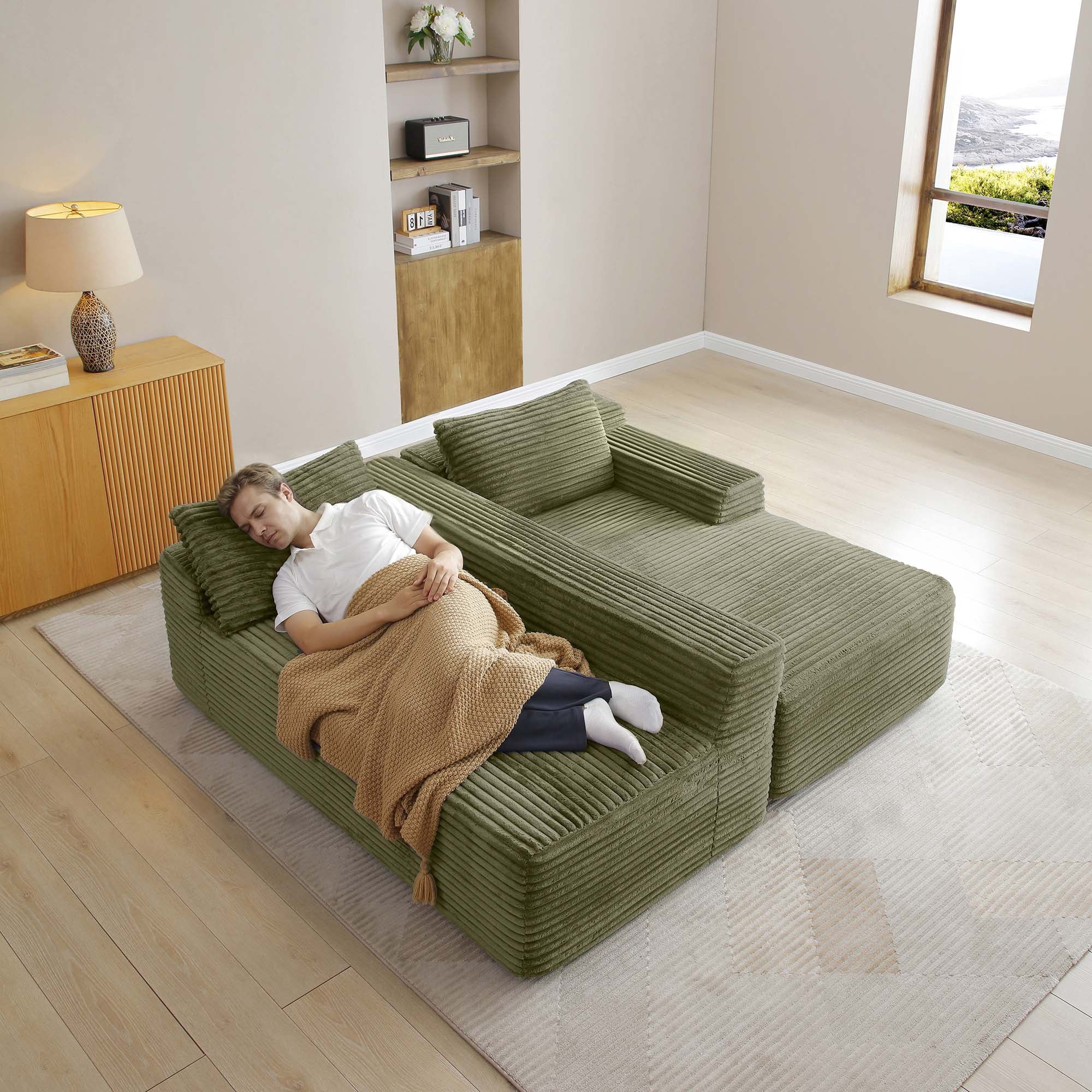 Miniyam 97" Deep Seat Sectional, Modular L-Shape Sofa with Chaise, No Assembly, Corduroy (Right Facing Chaise, Green)