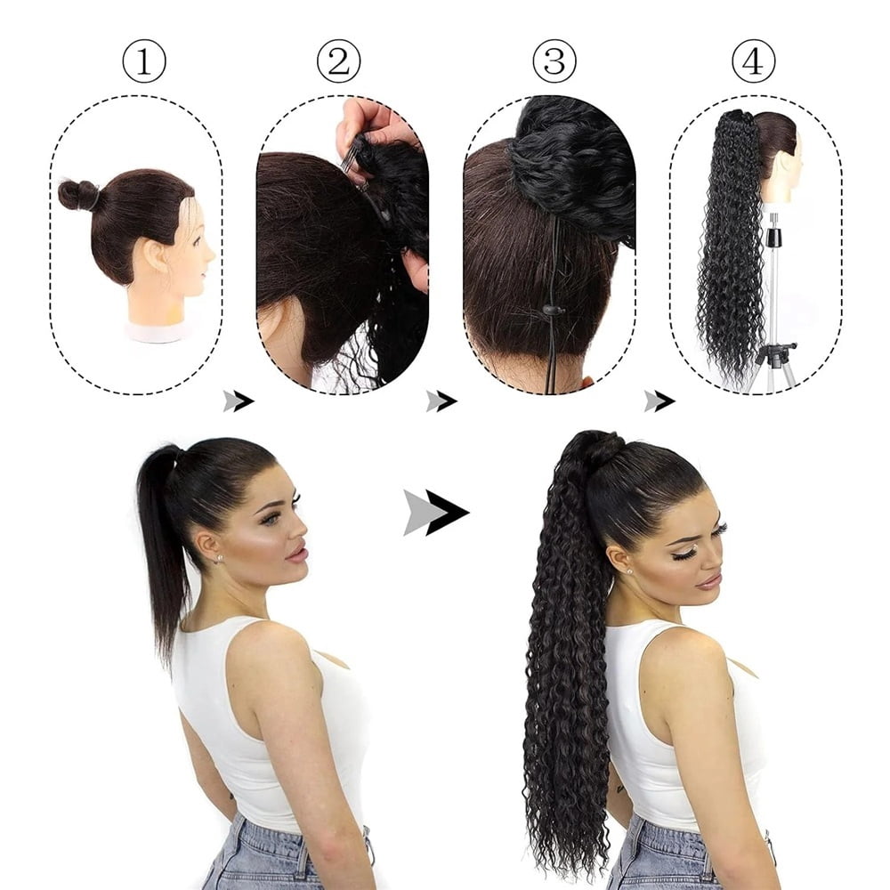 Water Wave Ponytail Human Hair Drawstring Pony Tail Clip in Curly Remy Hair Extensions Natural Black  for Women