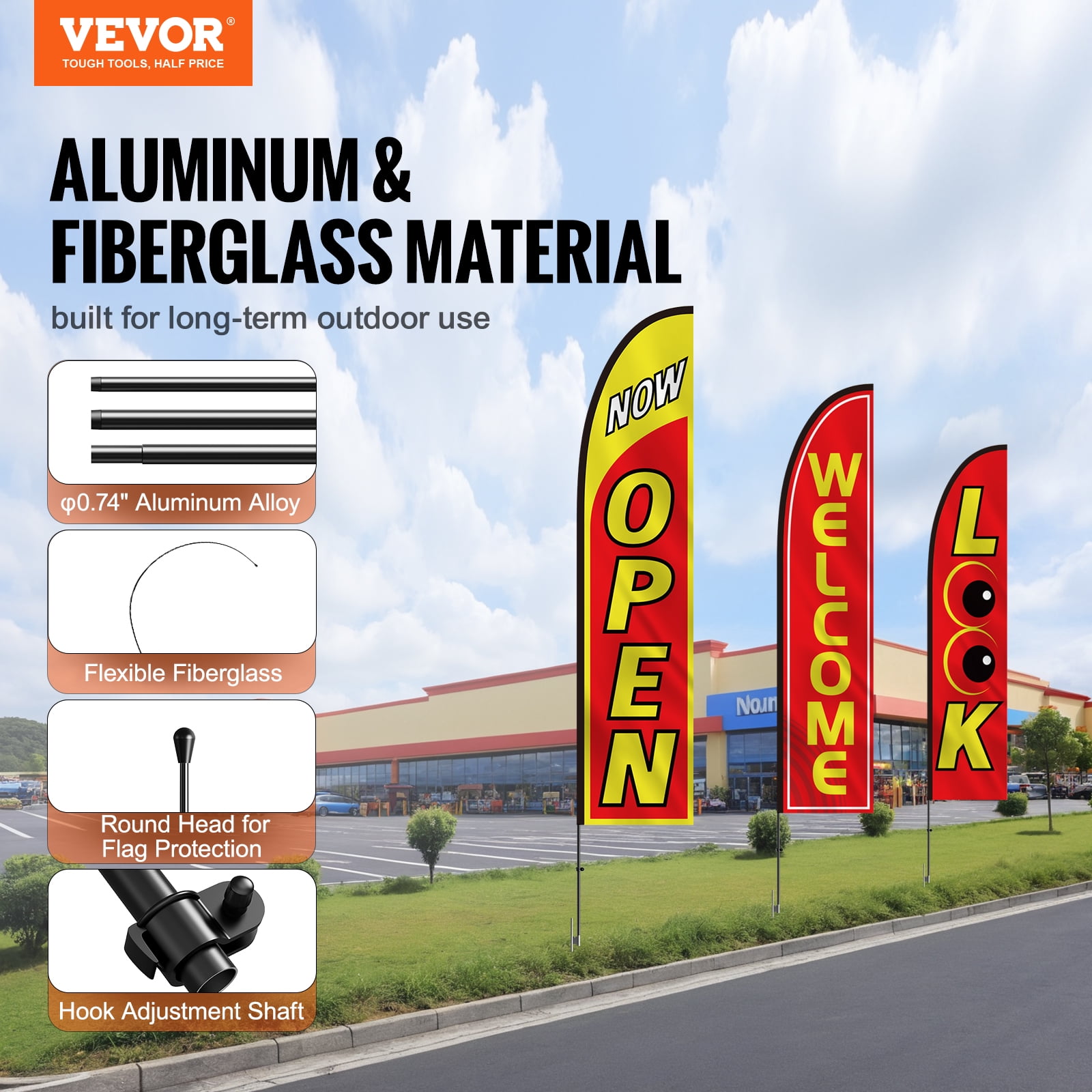 VEVOR Open Flags with Pole Kit, Advertising Flags for Business Outside, Advertising Feather Flag Kit, 3 Flags (Open, Look, Welcome), 3 Poles, 3 Ground Stakes, Swooper Flags for Businesses 16.3 FT