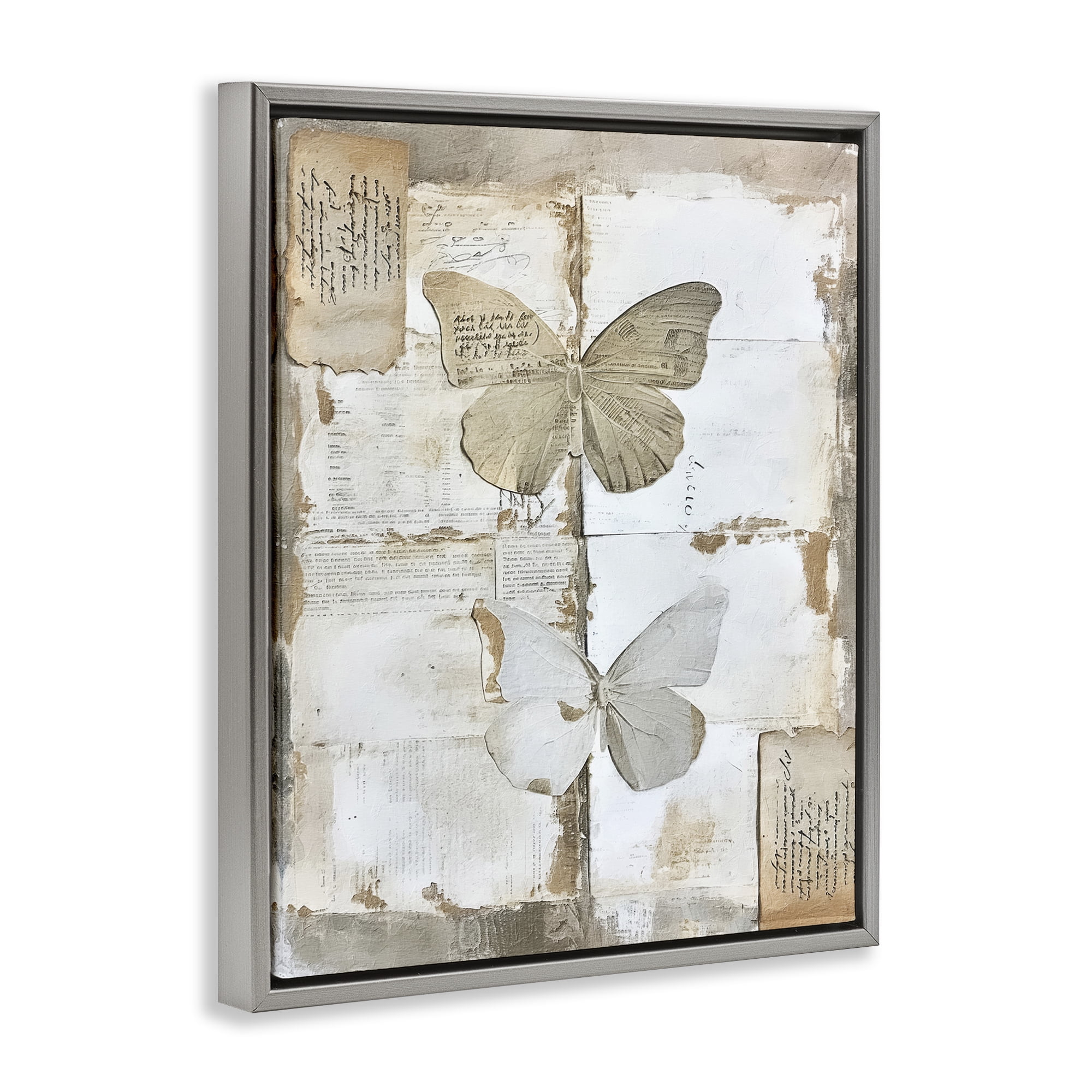 Stupell Industries Vintage Butterfly Collage Animals Painting Gray Floater Framed Canvas Art Print Wall Art, 25 x 31