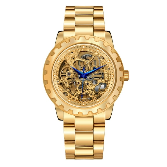 BERNY Automatic Watches for Men, Luxury Skeleton Mechanical Watch Self Winding Carved, Exhibition Caseback, Luminous, 5ATM Waterproof, Stainless Steel, Vintage Men's Wrist Watch (Gold)