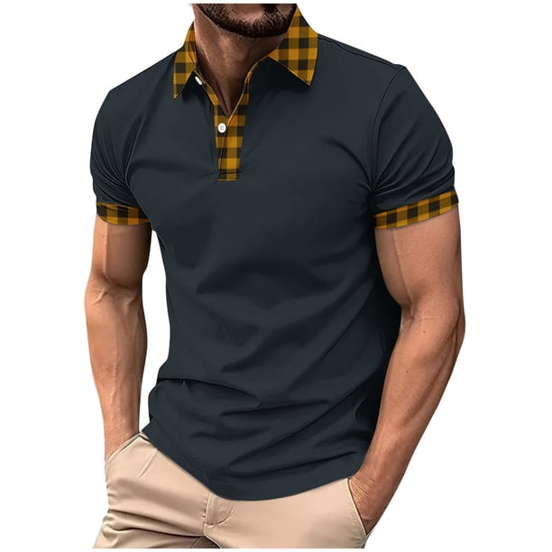 Mens Manga Corta Botón Abajo Camisas con Bolsillo de Impresión Solapa Cuello Gira Blusa de Suéter