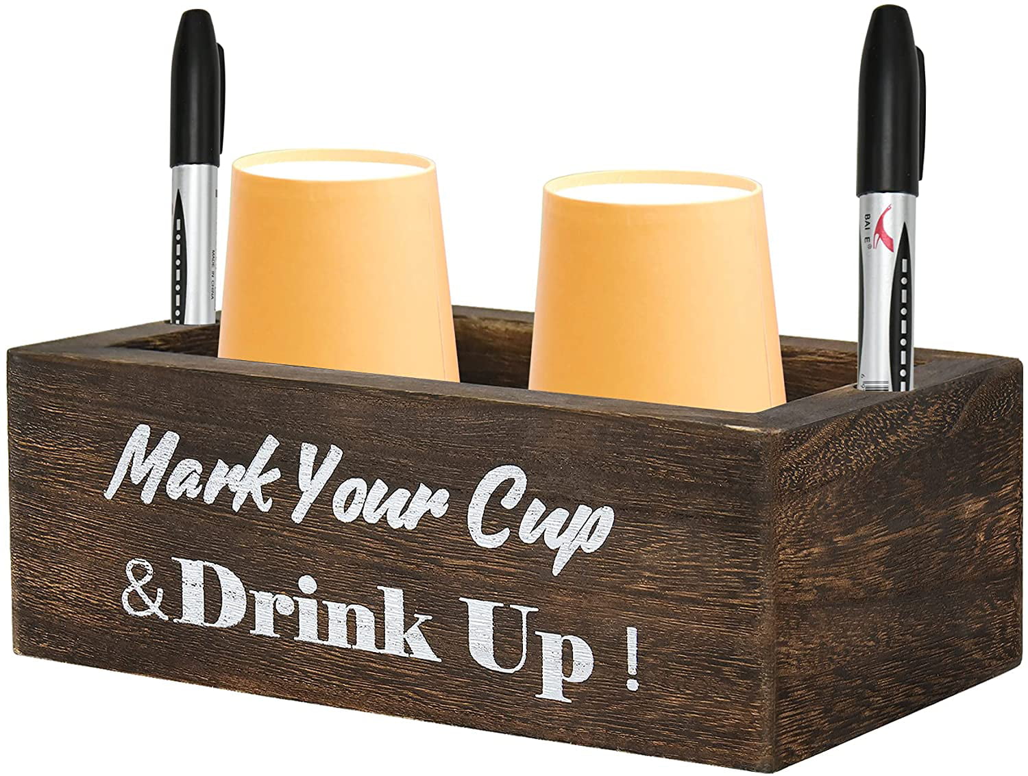 Farmhouse Drink Dispensers for Parties Holiday Decorative Solo Cup Holder with Marker Slot Wood Storage Box Mark Your Cup and Drink Up Cup Holder，Mouthwash Dispenser Cup Dispenser For Party 