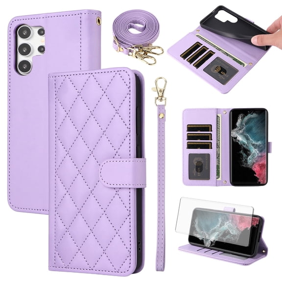 Furiet Argyle Wallet Case for Samsung Galaxy S22 Ultra 5G with Tempered Glass Screen Protector Wrist Strap Shoulder Strap Card Slot Stand Phone Cover for S22ultra 22S S 22 S22ultra5g 6.8 Women Purple