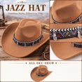 thumbnail image 6 of Qwertyu Wide Brim Western Cowboy Cowgirl Hat with Wind Lanyard Felt Fedora Hat for Men Women Khaki, 6 of 6