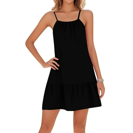 Prom Dress  Spaghetti Strap Pleated Casual Sleeveless Beach Backless Mini Dresses Wedding Garment Bag Midi Sweater Dress For Women Casual Dresses Cocktail Guest Maxi Dresses (S  Black) ZMTing