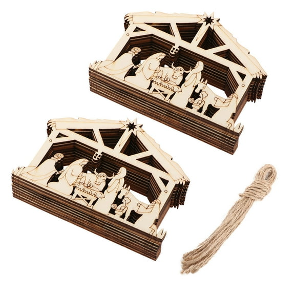 Masteelf 20pcs Khaki Basswood Christmas Nativity Scene Ornaments for Hanging Decoration 3D Christian Wood Decor