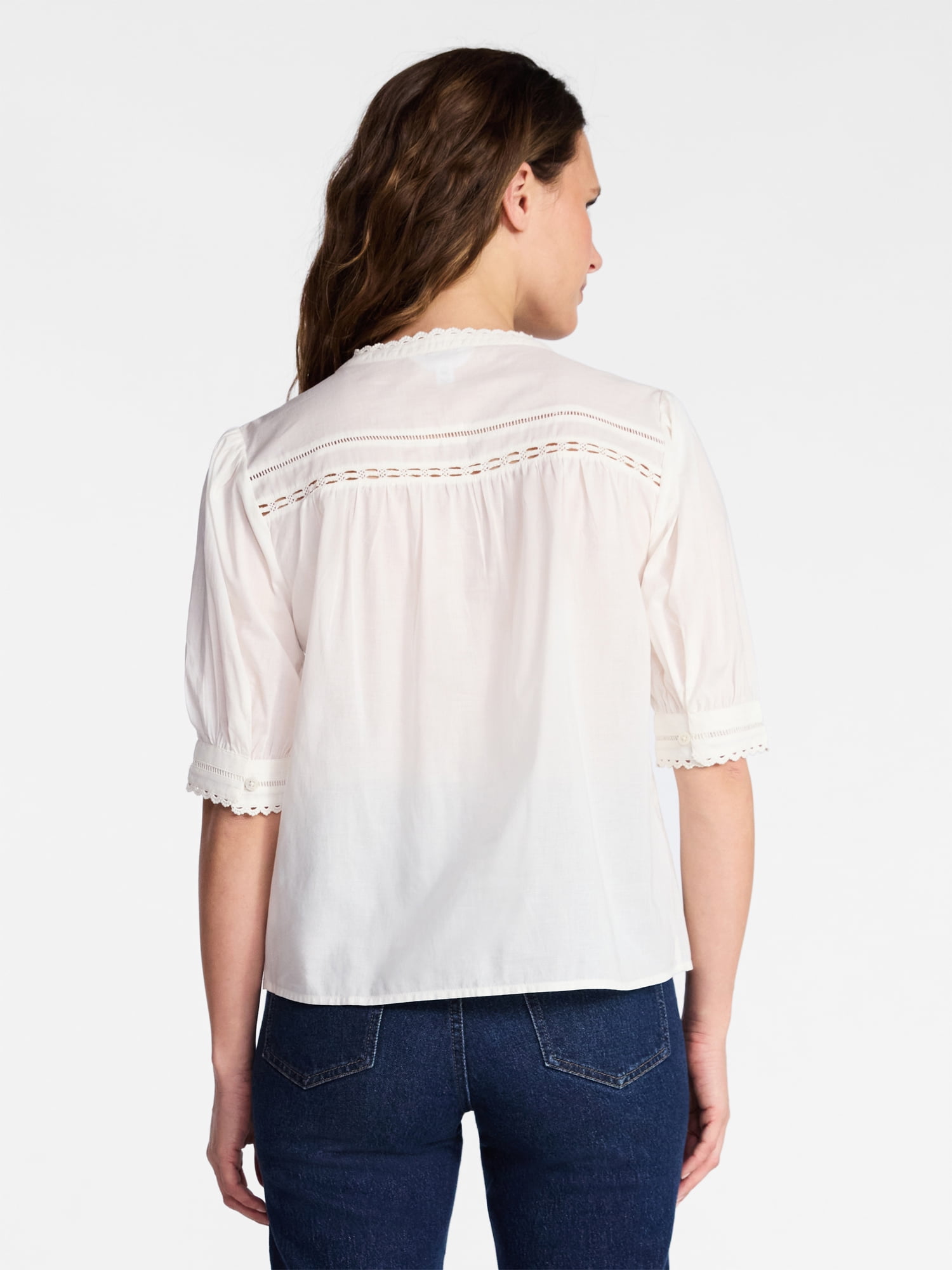 Time and Tru Women's and Women's Plus Cotton Lace Inset Blouse with Elbow Length Sleeves, Sizes XS-4X