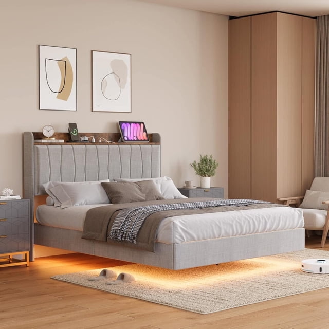 Moderno gris queen floating marco de cama con LED lights y usb charging - forrado platform con cabecero, no box spring, fácil montaje