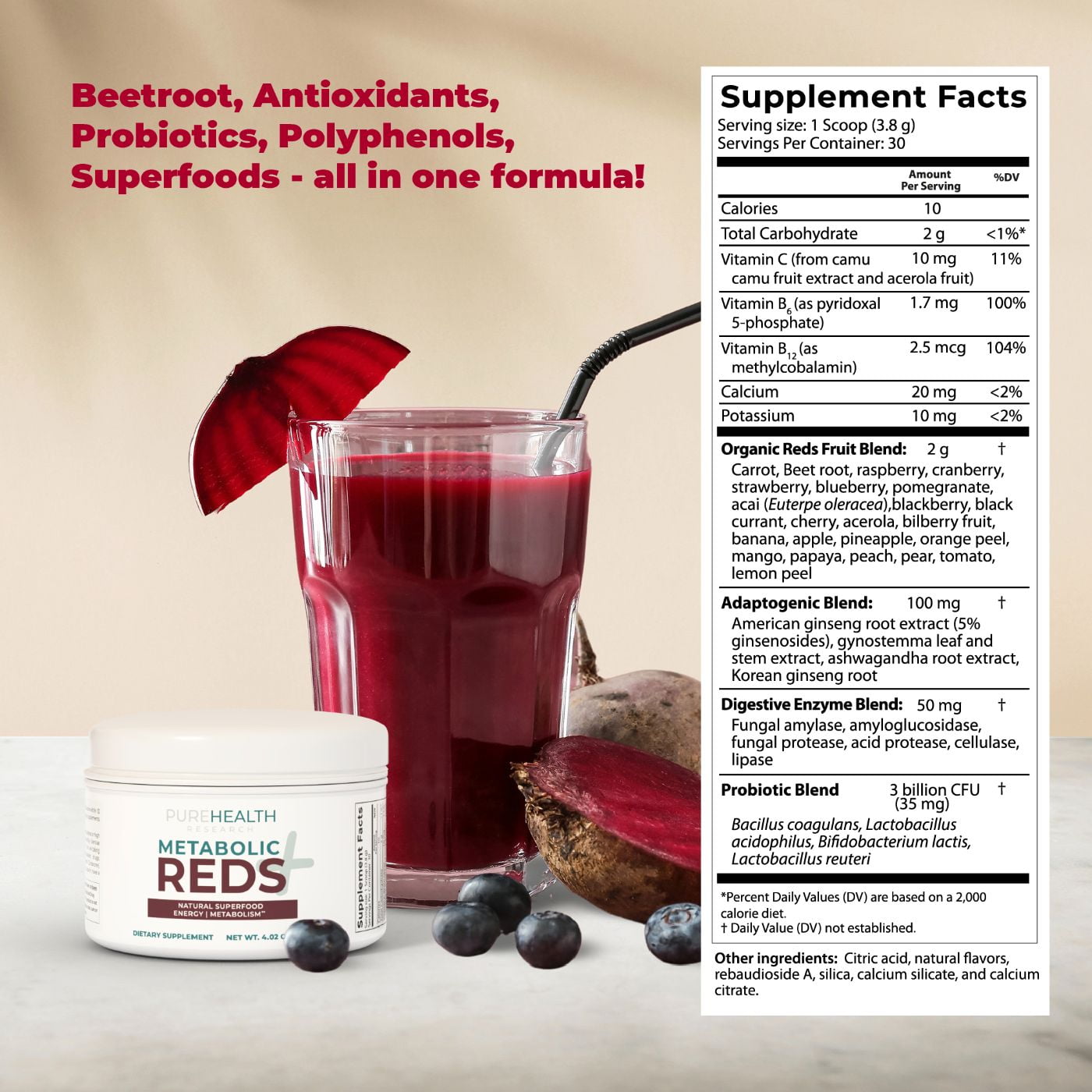 Reds Superfood Powder with Probiotics, 5 Digestive Enzymes, Beets & Ashwagandha Powder - Boost Drink for Body’s Detox & Cleanse by PureHealth Research