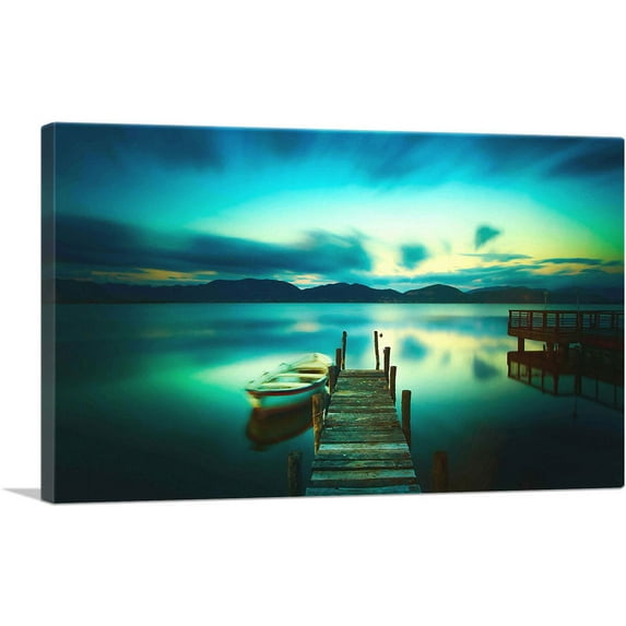 ARTCANVAS Wooden Pier Lake Tuscany Italy Green Sunset Canvas Art Print - Size: 18" x 12" (1.50" Deep)