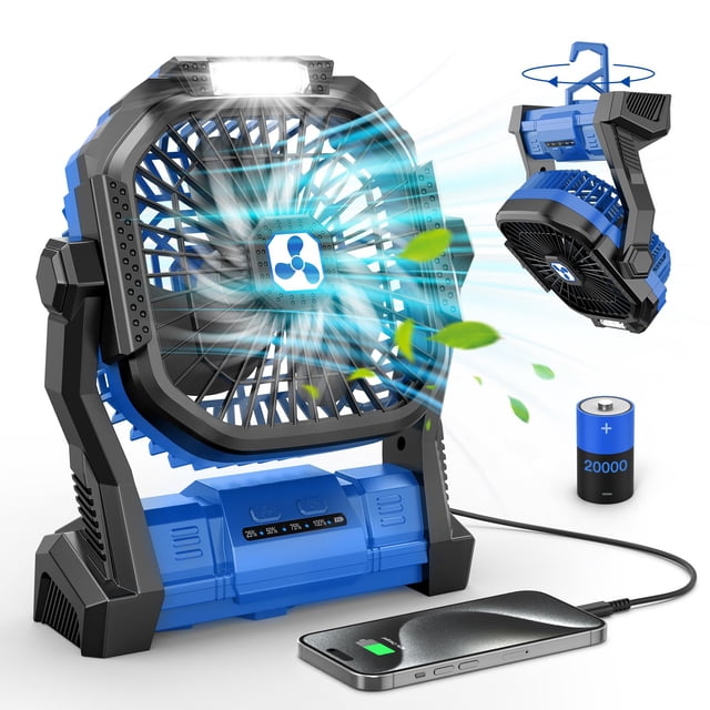 Ventilador portátil recargable, ventilador inalámbrico de 20000 mah con batería con linterna LED, ventiladores con batería USB para viajes, dormitorio, hogar, tienda de campaña, oficina, mesa, playa,