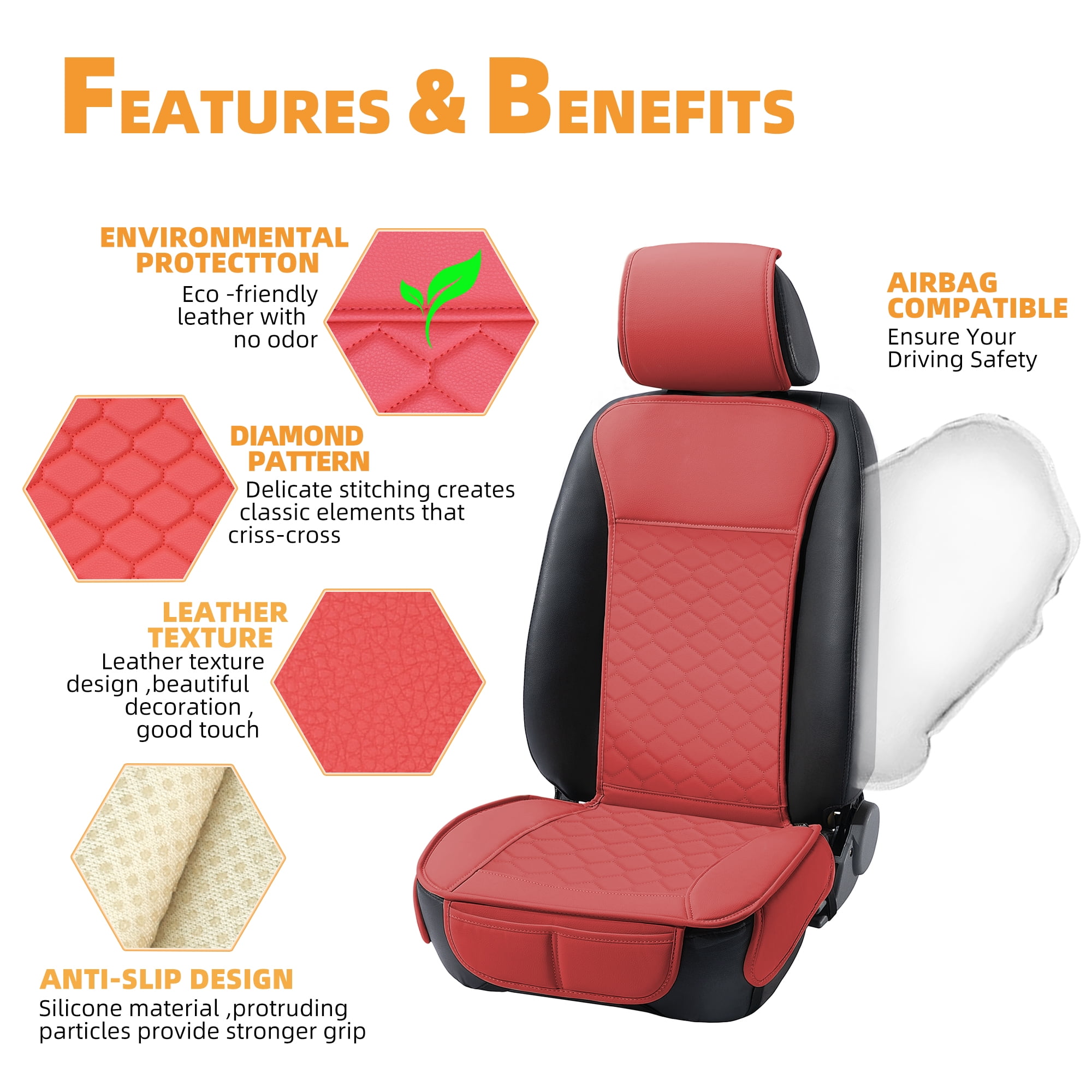 Elantrip 2PCs Front Car Seat Covers Leather Water Proof Seat Universal Fit for Most Cars SUVs Red