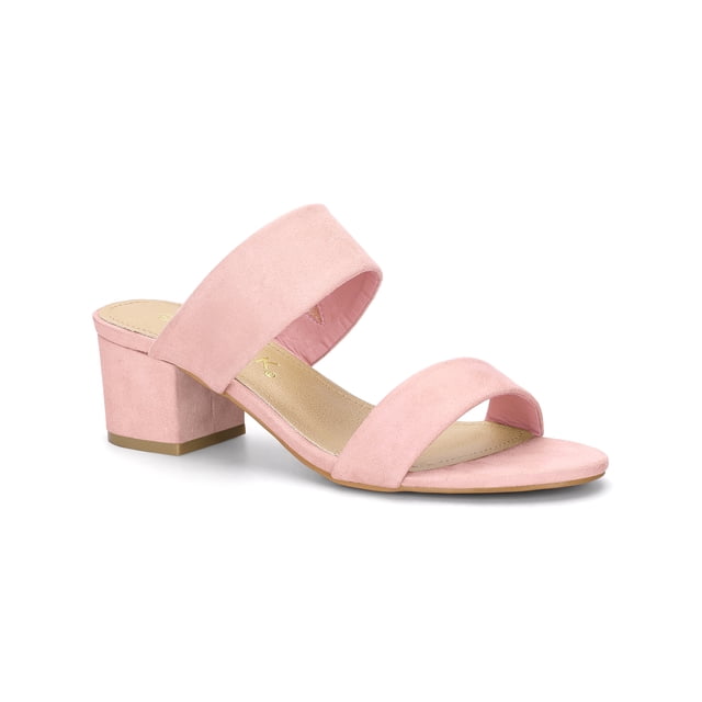 Women's Dual Straps Mid Chunky Heel Slide Sandals Light Pink 8.5