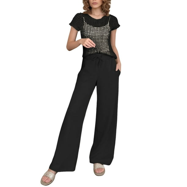 Conjunto de 2 piezas para mujer: top de punto calado de ganchillo y pantalones anchos, diseño con aberturas, para todas las estaciones - Tallas S/XXL