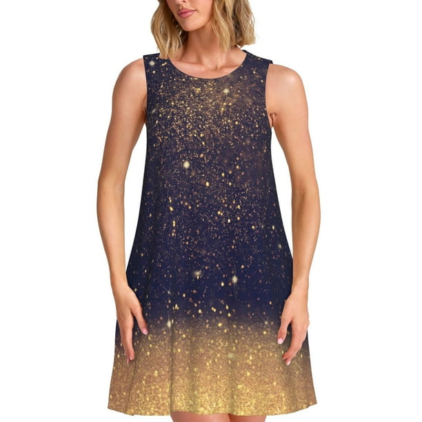 Fotbe Gold Black Glitter Vestido de Verano sin Mangas para Mujer – Vestido Midi Línea A, Estilo Camiseta Floral, Vestido Playero Casual y Fluido
