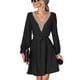 thumbnail image 1 of Vestido corto con cuello en V y costuras de encaje, manga larga, cinturón, ajuste informal, vestido corto para citas, negro, M, 1 of 7