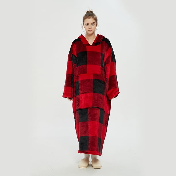 Suéter holgado alargado con forro polar cálido y grueso de doble capa rojo para mujer, jersey con capucha, manta ponible