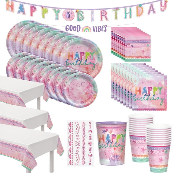 Party City Festival Fun Tableware Kit for 24 Guests, Party Supplies, Includes Banner, Table Covers, Favor Cup
