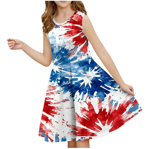 Ynynloco Independence Day Girls Dresses Sleeveless Round Neck American Flag Dress Casual Asymmetrical Patriotic Dresses for 3-14 Years