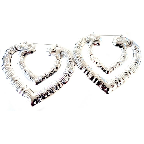 Double Bamboo Heart Hoop Earrings Silver Tone Large 3.5 inch