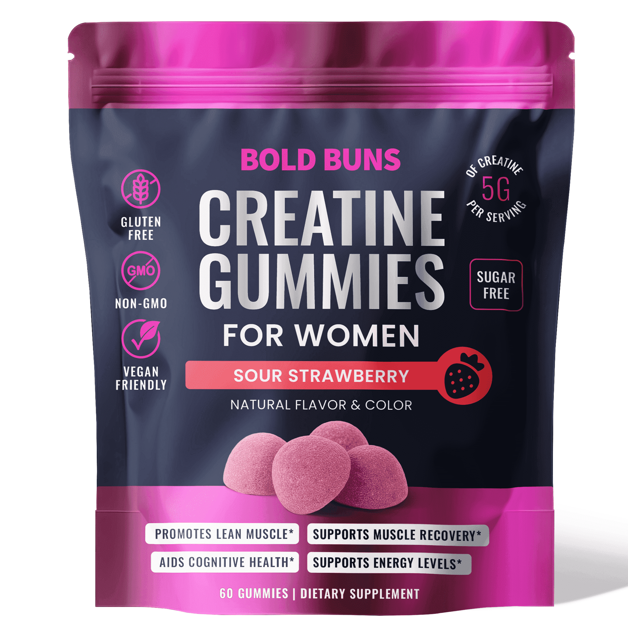 Bold Buns Creatine Monohydrate Gummies for Women – 5g Creatine Per Serving – Sugar Free, Vegan, Non-GMO, Gluten Free – Muscle Support, Workout Recovery & Energy Support – 60 Gummies (Sour Strawberry)