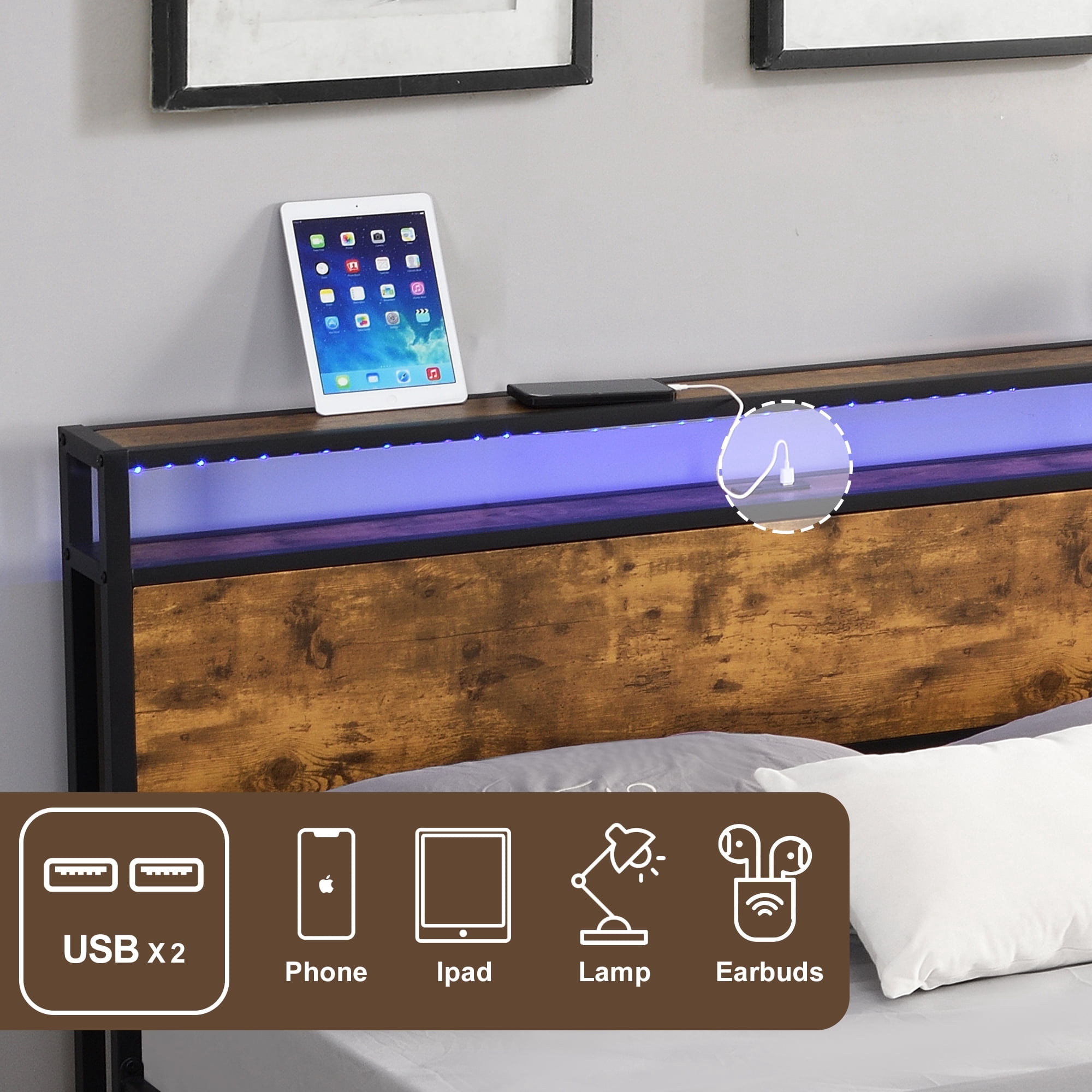 Leumius Full Size Bed Frame with LED Lights and 2 USB Ports,Industrial Platform Bed with Under-Bed Storage and Wooden Headboard,Noise Free,Rustic Brown