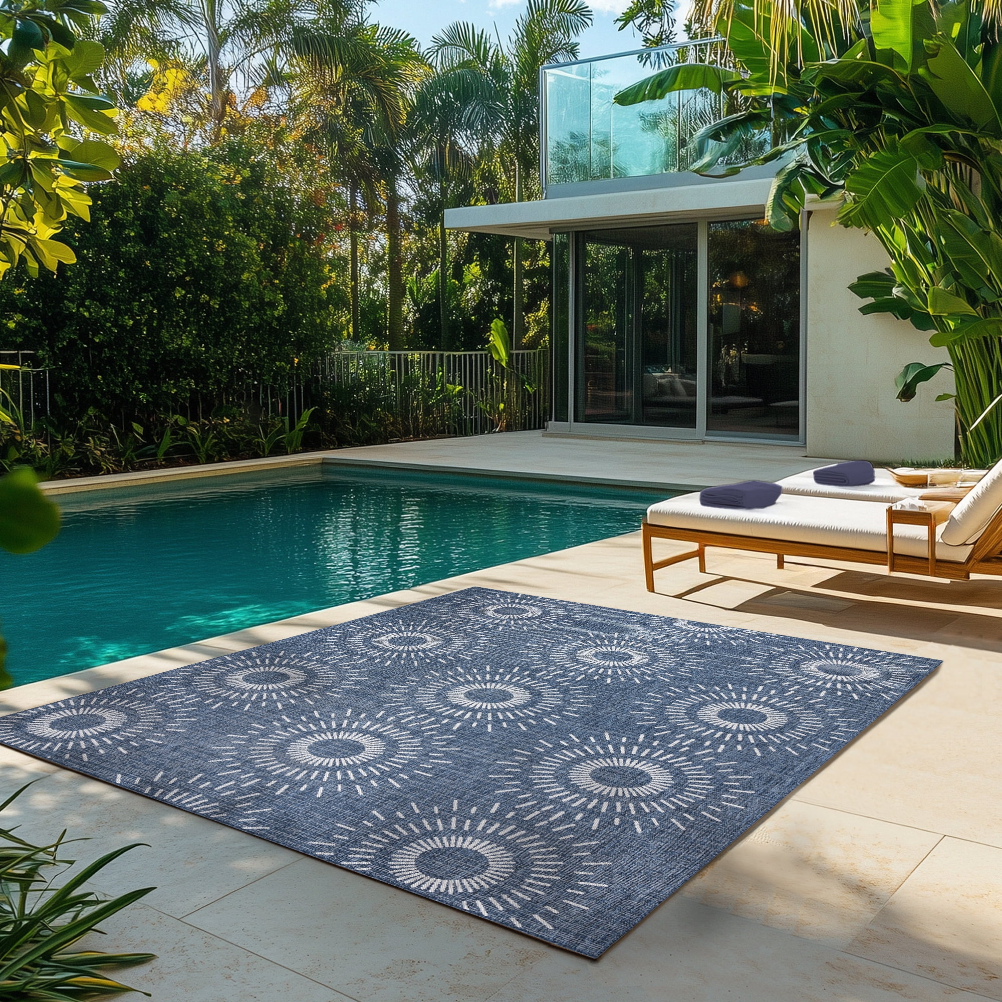 Gertmenian Tropea Tiaret Modern Geometric Navy Outdoor UV Resistant Flatweave Indoor Outdoor Area Rug, 8x10