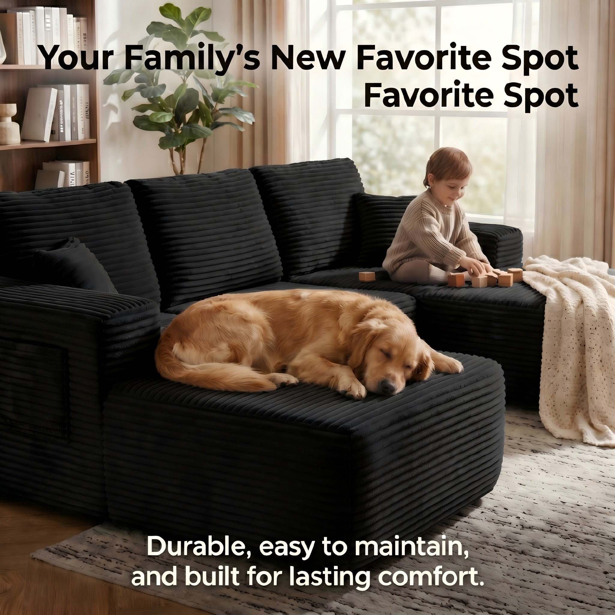 104" Premium Corduroy Sectional Sofa with Reversible Chaise, U-Shape Modular Couch with Deep Seating, Pocket Spring Cushions, Side Pockets, Tool-Free Assembly for Living Room, Left Facing (Black)