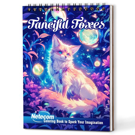 Netecom Fanciful Foxes Coloring Book Spiral Bound for Adults, A5 Wooden Cover, 30 Whimsical Coloring Pages of Wild Foxes for Stress Relief and Relaxation